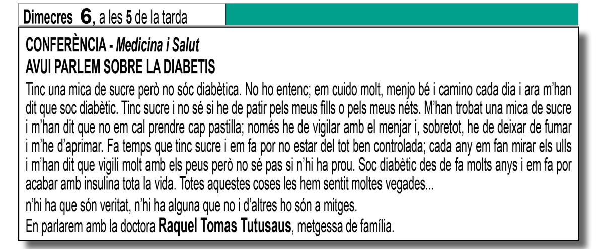 CONFERÈNCIA - Medicina i Salut  AVUI PARLEM SOBRE LA DIABETIS